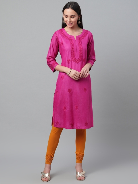 

akheri Women Magenta Chikankari Embroidered Straight Silk Kurta