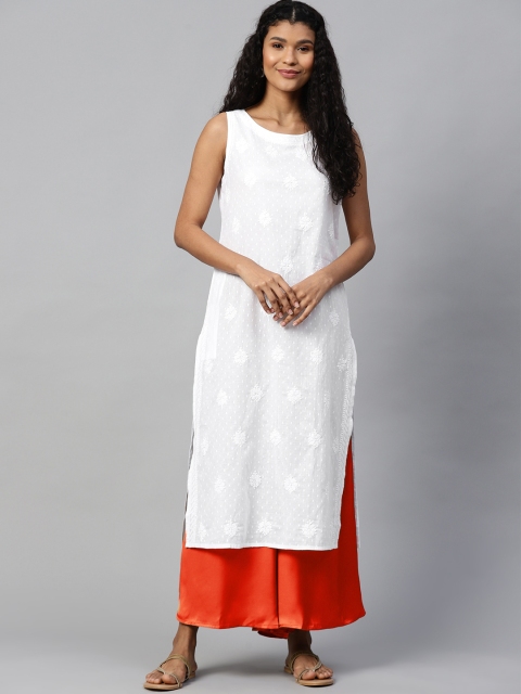 

akheri Women White Chikankari Embroidered Dobby Weaved Straight Kurta