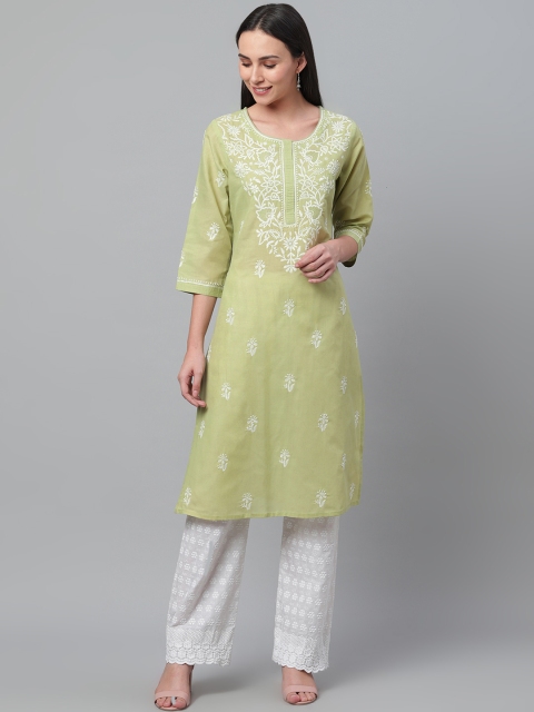

akheri Women Green & White Chikankari Embroidered Straight Kurta