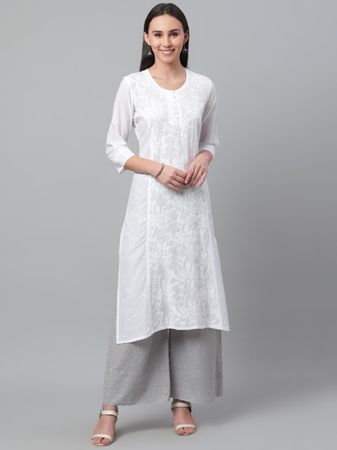 

akheri Women White Chikankari Embroidered Straight Kurta