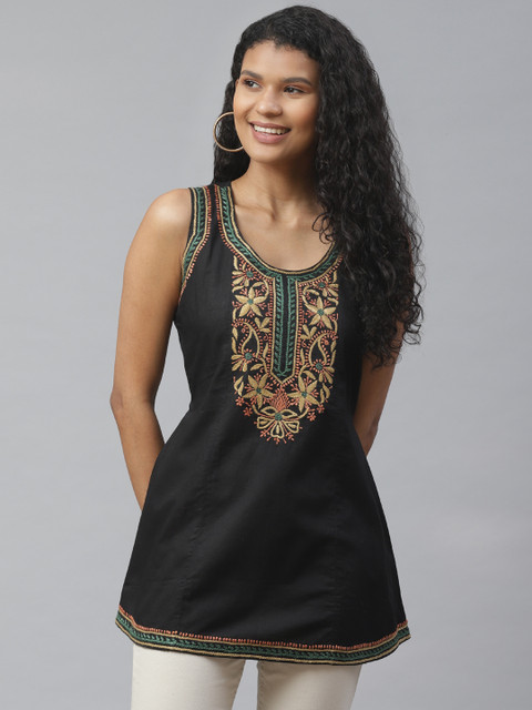 

akheri Women Black Chikankari Embroidered A-Line Pure Cotton Top
