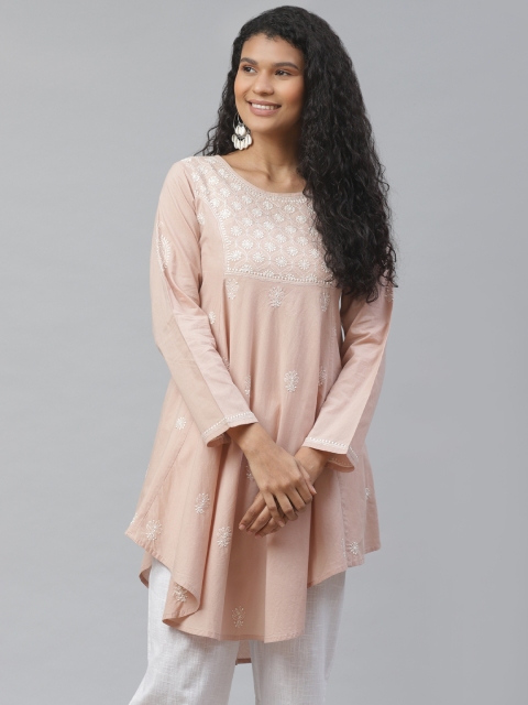 akheri Women Beige & White Chikankari Embroidered A-Line Kurta
