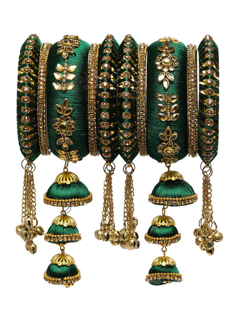 

Peora Set of 4 Gold Plated & Green Kundan Silk Thread Chura Bangle