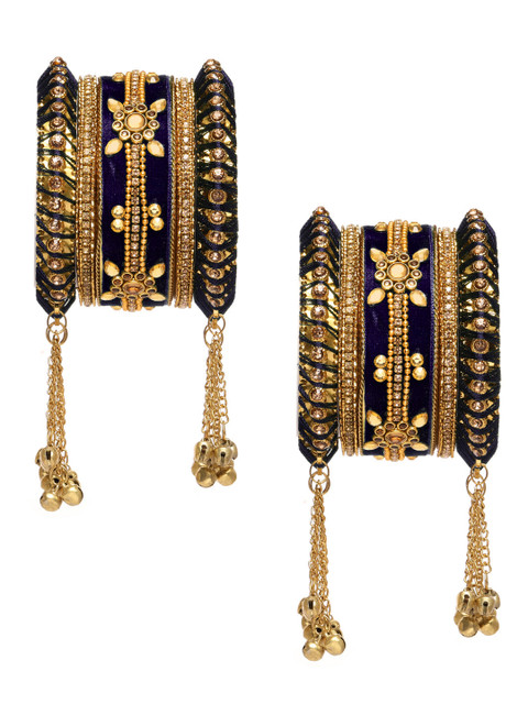 

Peora Gold-Plated & Blue Set Of 10 Matching Floral Kundan Studded Chura Bangle Set