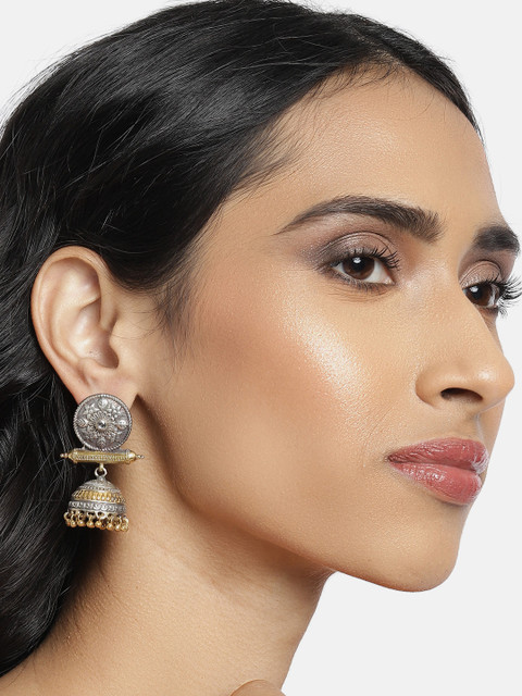 

Peora Silver-Plated Toned & Gold-Toned Oxidised Antique Jhumkas
