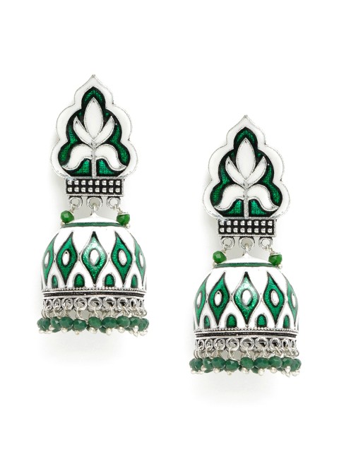 

Peora Green & Silver-Plated Enamelled Dome Shaped Jhumkas