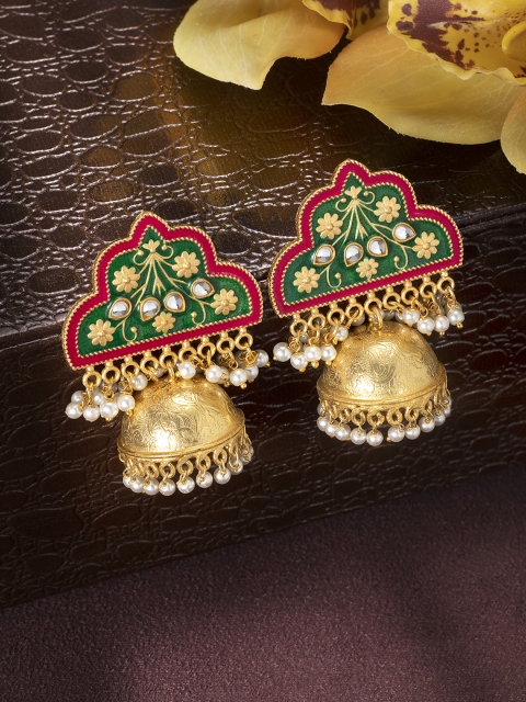 

Peora Green & Gold-Plated Enamel Dome Shaped Jhumkas