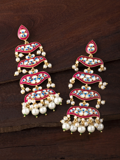 

Peora Magenta, Blue & Gold-Plated Hand Crafted Enamel Meenakari Drop Earrings