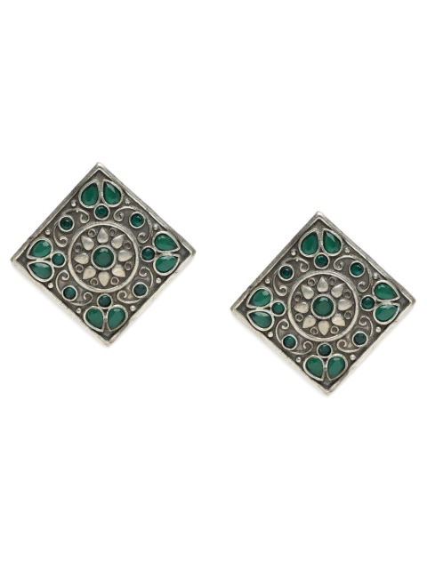 

Peora Green & Silver-Plated Oxidized Square Studs