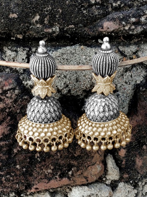 

Peora Silver-Plated & Gold-Toned Oxidised Dome Shaped Jhumkas