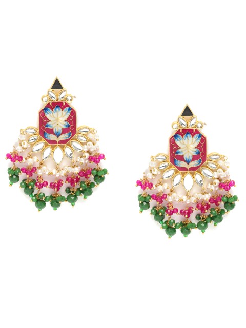 

Peora Green & Pink Gold-Plated Enamelled Classic Drop Earrings