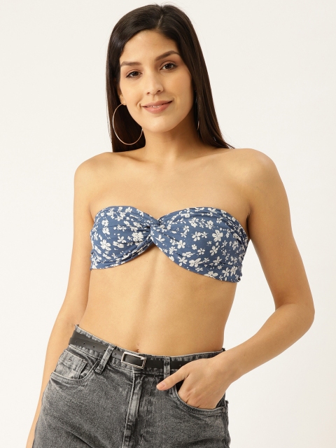 

Besiva Women Blue & White Floral Print Bralette Top