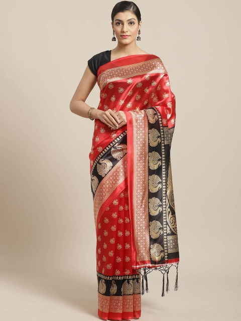 

7Rainbow Red & Beige Printed Mysore Silk Saree