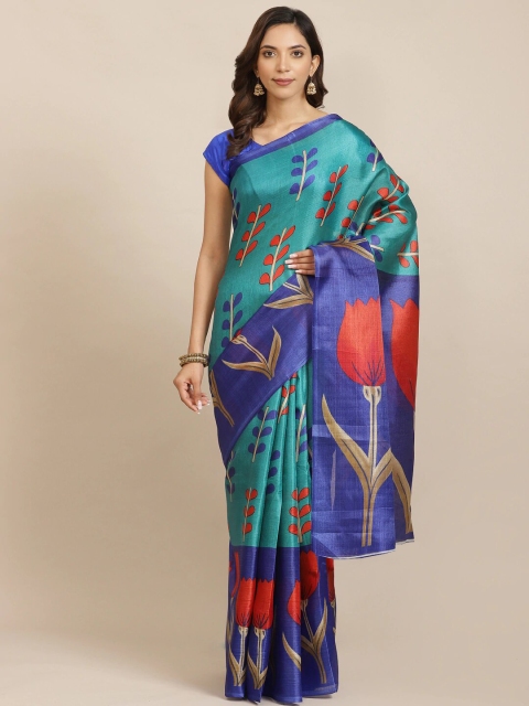 

7Rainbow Teal Green & Blue Printed Saree
