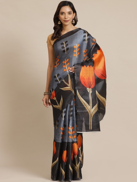 

7Rainbow Charcoal Grey & Orange Printed Saree