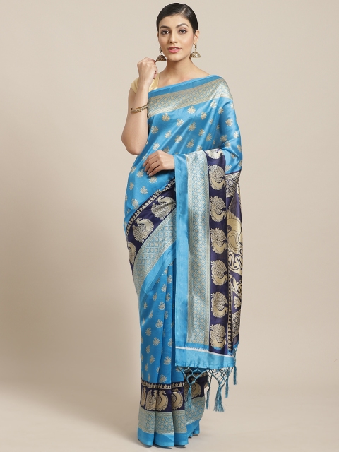 

7Rainbow Teal Blue & Beige Printed Mysore Silk Saree