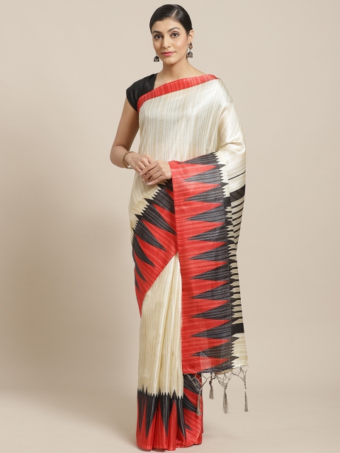 

7Rainbow Beige & Off-White Striped Saree