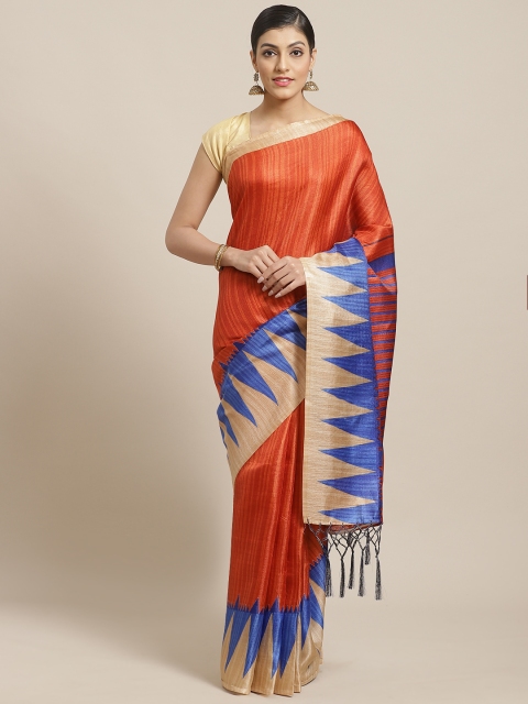 

7Rainbow Rust Orange & Blue Striped Saree