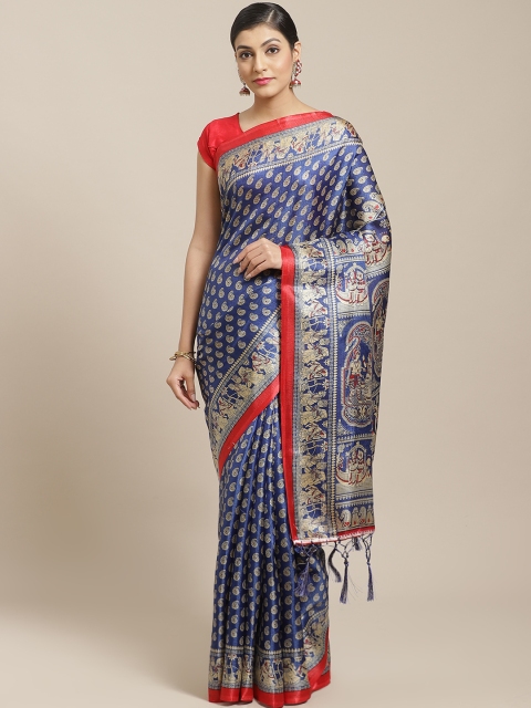 

7Rainbow Navy Blue & Beige Paisley Printed Saree