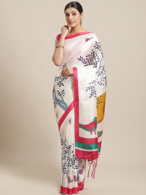 

7Rainbow Off-White & Navy Blue Floral Printed Saree