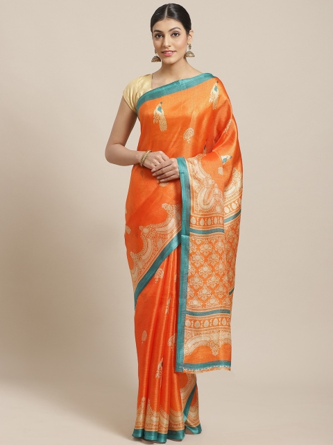 

7Rainbow Orange & Beige Printed Saree