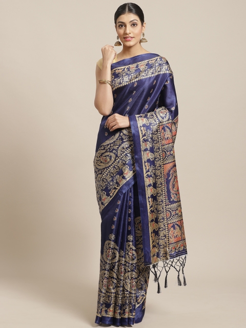 

7Rainbow Navy Blue & Beige Printed Saree