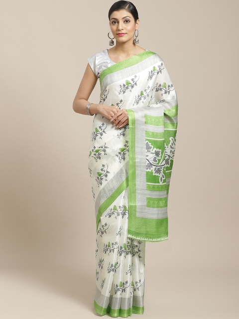 

7Rainbow White & Green Quirky Digital Print Saree