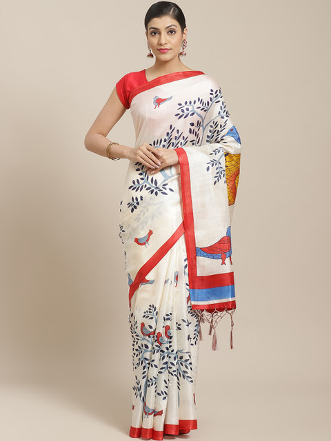 

7Rainbow Off-White & Navy Blue Quirky Digital Print Saree