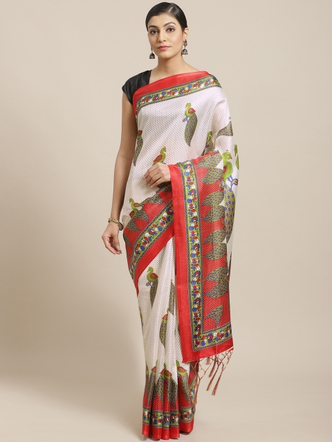 

7Rainbow Off-White & Green Peacock Printed Saree