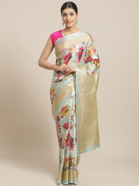 

7Rainbow Sea Green & Pink Floral Printed Saree