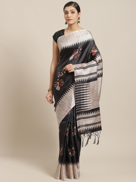 

7Rainbow Black & Off-White Peacock Printed Saree