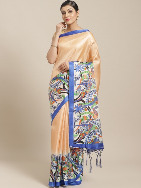 

7Rainbow Peach-Coloured & Blue Digital Parrot Print Saree