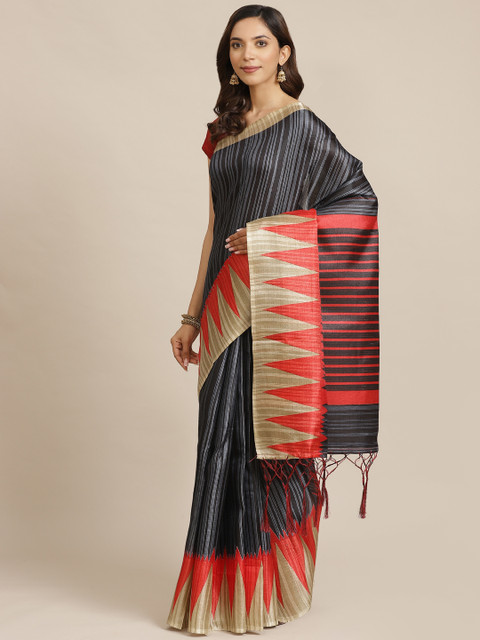 

7Rainbow Black & Red Striped Saree
