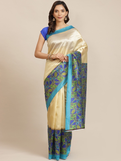 

7Rainbow Cream-Coloured & Blue Solid Mysore Silk Saree