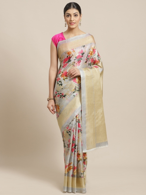 

7Rainbow Grey & Pink Floral Printed Saree