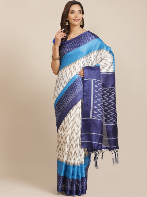 

7Rainbow Off-White & Blue Ikat Printed Saree