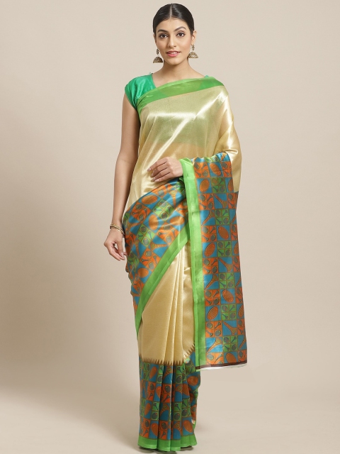 

7Rainbow Cream-Coloured & Green Solid Mysore Silk Saree