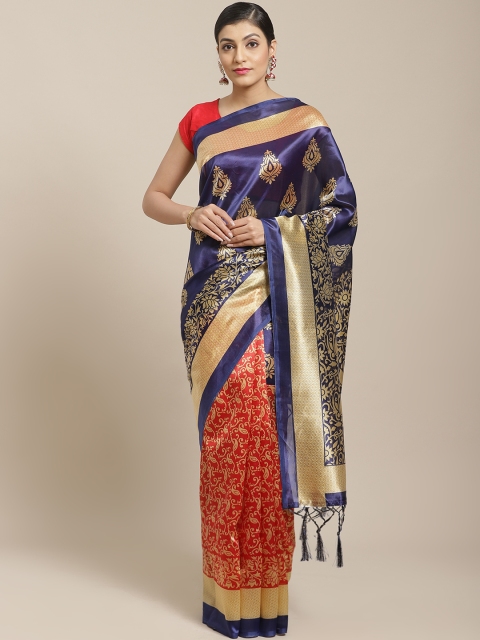 

7Rainbow Navy Blue & Red Damask Digital Print Half-&-Half Mysore Silk Saree