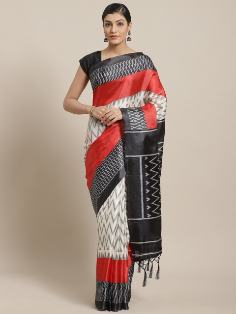 

7Rainbow White & Charcoal Grey Ikat Printed Saree