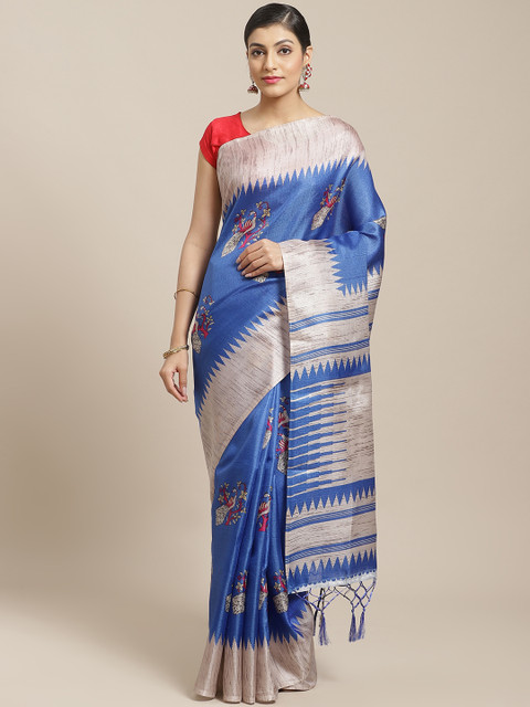 

7Rainbow Blue & Grey Peacock Digital Print Saree