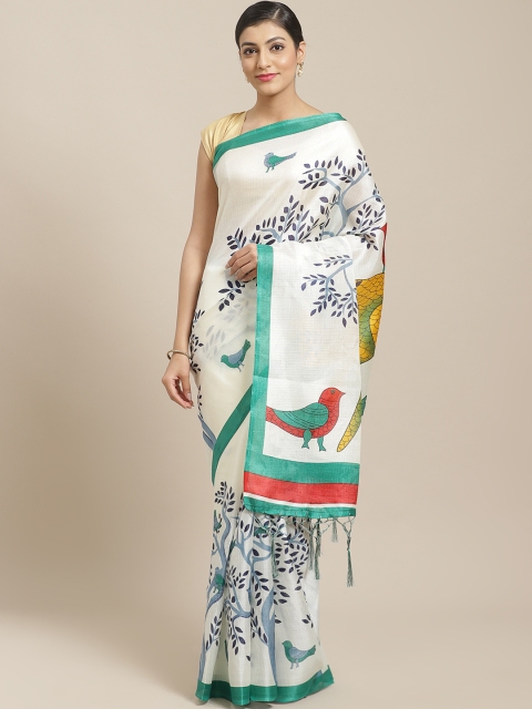 

7Rainbow White & Green Digital Print Saree