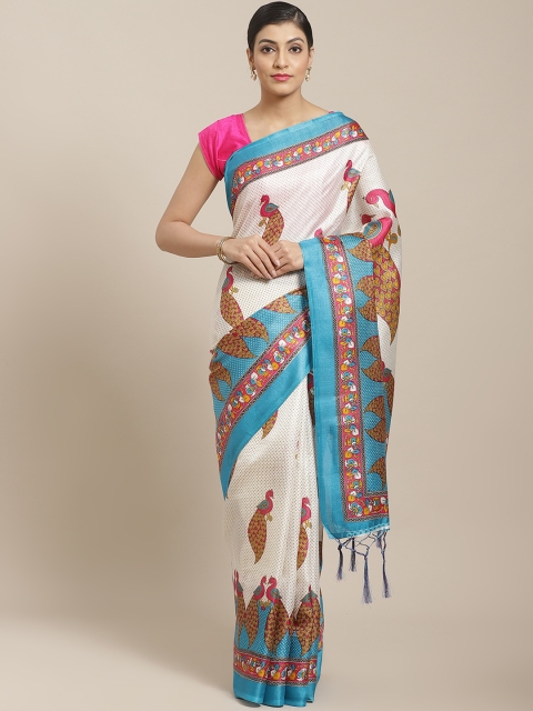 

7Rainbow White & Blue Peacock Digital Print Saree