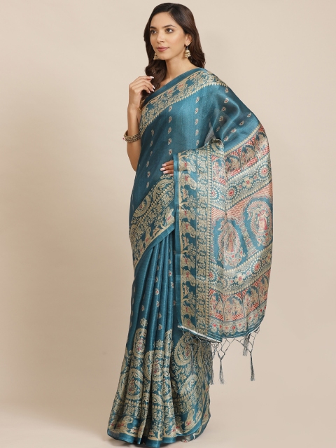 

7Rainbow Teal Green & Beige Printed Saree