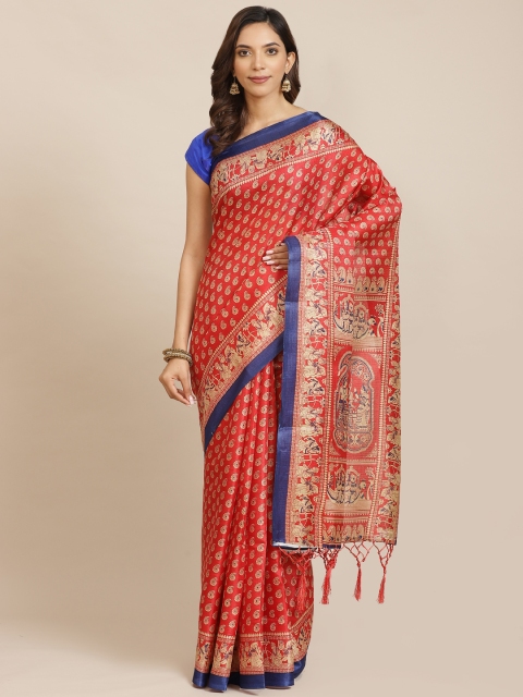 

7Rainbow Red & Beige Paisley Printed Saree