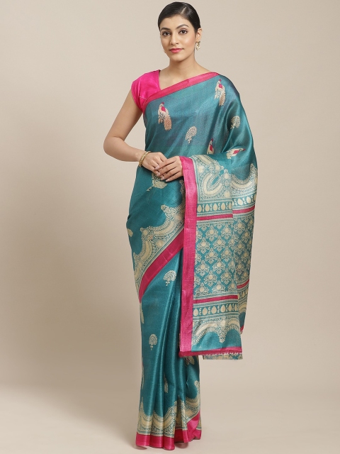

7Rainbow Teal Green Digital Print Saree
