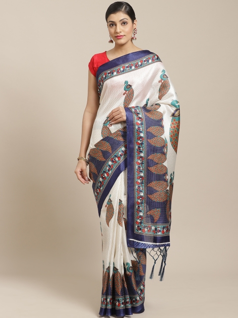 

7Rainbow White & Navy Blue Peacock Digital Print Saree