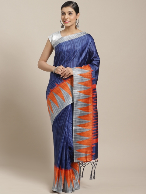 

7Rainbow Navy Blue & Orange Striped Saree