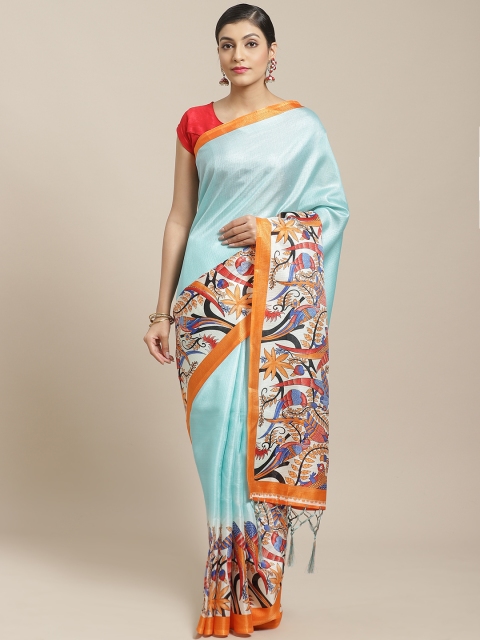 

7Rainbow Blue & Orange Solid Saree with Printed Border