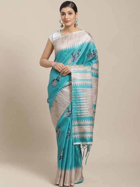 

7Rainbow Blue & Grey Peacock Digital Print Saree
