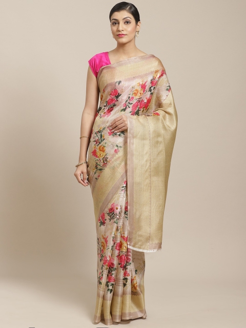 

7Rainbow Beige & Pink Floral Digital Print Saree